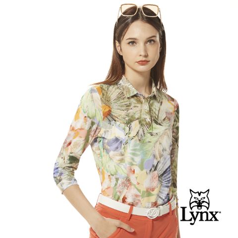 【Lynx Golf】女款歐洲進口布料柔軟舒適花草印花袖口設計七分袖POLO衫-淺綠色