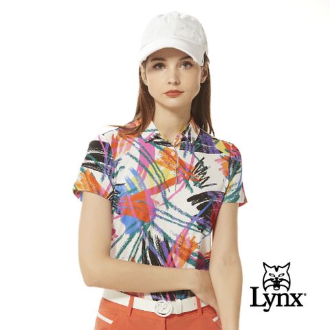 Lynx Golf 女款歐洲進口布料柔軟舒適蠟筆塗鴉筆觸印花短袖POLO衫-白色