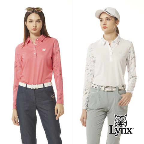 Lynx Golf 女款吸排抗UV機能貓頭膠標Lynx草寫字樣印花洞洞布剪接設計長袖POLO衫/高爾夫球衫(二色)