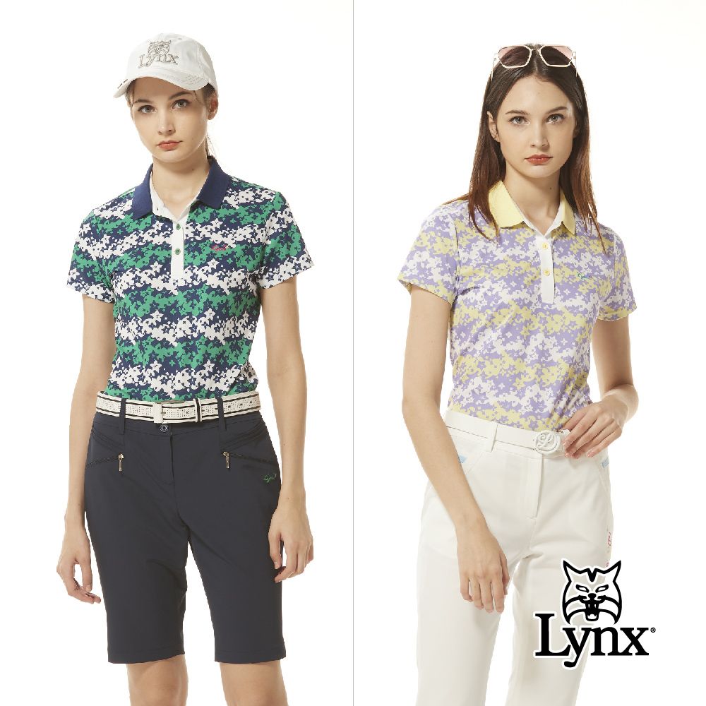 Lynx Golf 女款吸排抗UV花草剪影印花三色織帶翻領設計短袖POLO衫/高爾夫球衫(二色)