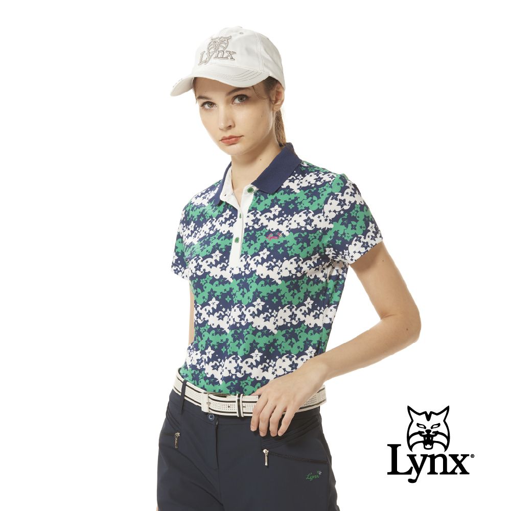 Lynx Golf 女款吸排抗UV花草剪影印花三色織帶翻領設計短袖POLO衫/高爾夫球衫(二色)