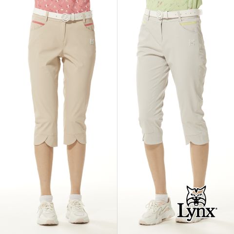 Lynx Golf 女款日本進口布料吸排抗UV機能配色織帶剪接造型花瓣褲口設計窄管七分褲(二色)