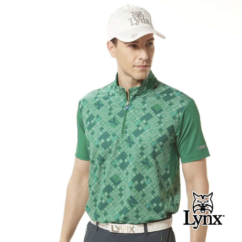 Lynx Golf 男款合身版吸排機能彈性洞洞布材質變色膠印設計短袖立領POLO衫/高爾夫球衫(三色)