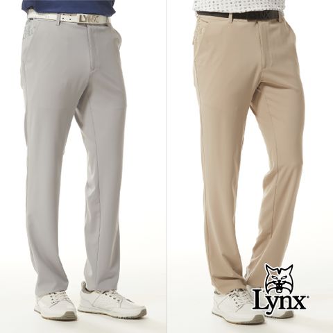 【Lynx Golf】男款日本進口面料四面彈性口袋側邊印花袋蓋造型設計平口休閒長褲(二色)