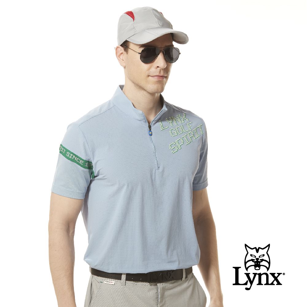 Lynx Golf 男款吸排抗UV機能易溶紗材質右肩印花設計短袖立領POLO衫/高爾夫球衫(二色)