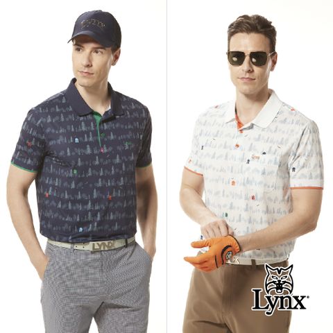 Lynx Golf 男款銀離子抗菌除臭假兩件式造型森林風印花胸袋款短袖POLO衫/高爾夫球衫(二色)