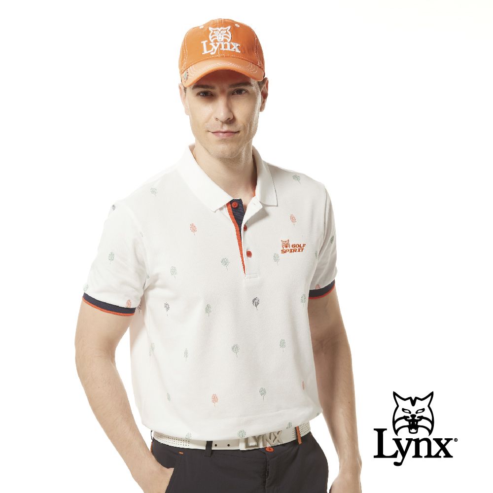 Lynx Golf 男款吸溼排汗抗機能混紡網眼材質配色羅紋設計森林風印花短袖POLO衫/高爾夫球衫(三色)