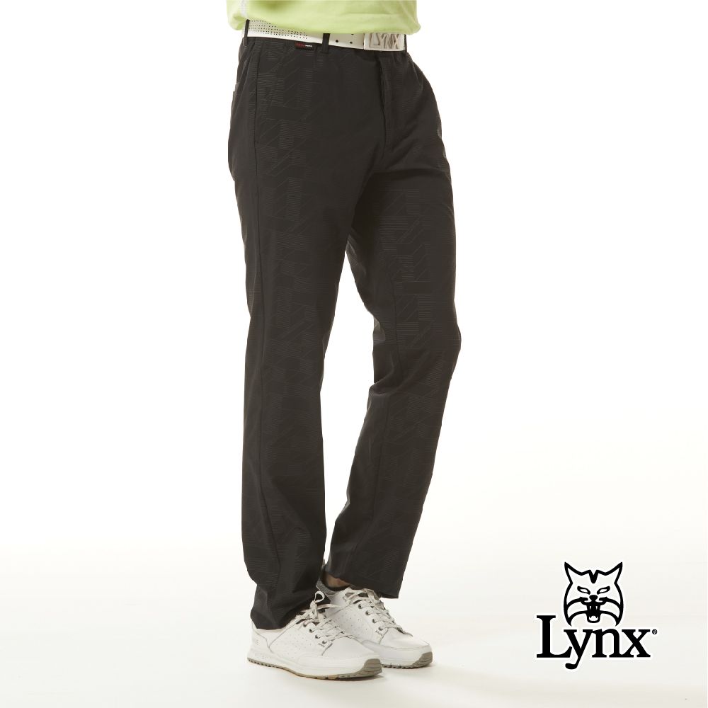 Lynx Golf 男款防潑水四面彈性山貓精美壓光印後腰LOGO針織帶剪接平口休閒長褲(二色)