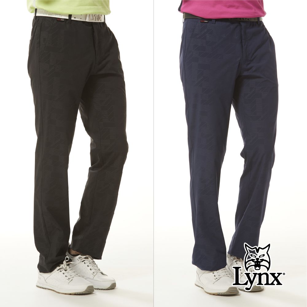 Lynx Golf 男款防潑水四面彈性山貓精美壓光印後腰LOGO針織帶剪接平口休閒長褲(二色)