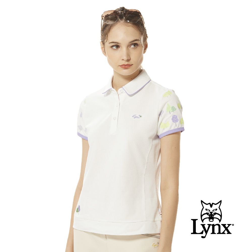 Lynx Golf 女款吸溼排汗素面森林風剪影兩袖印花配布剪接設計短袖POLO衫/高爾夫球衫(二色)