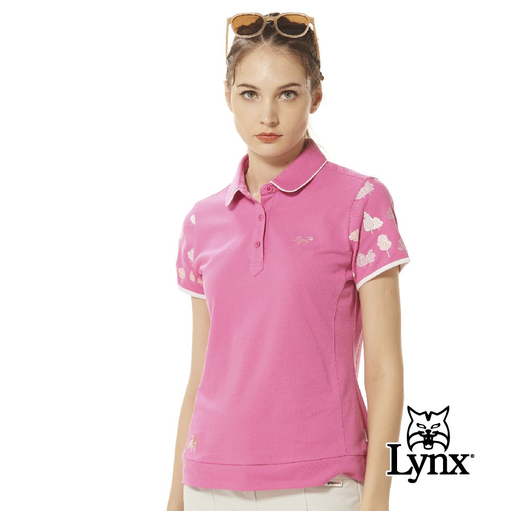 Lynx Golf 女款吸溼排汗素面森林風剪影兩袖印花配布剪接設計短袖POLO衫/高爾夫球衫(二色)