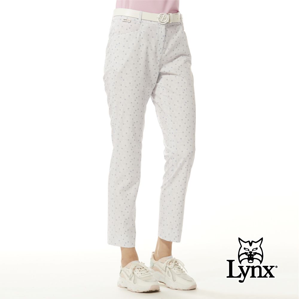 Lynx Golf 女款彈性舒適滿版方塊印花精美夾標Lynx草寫繡花造型窄管九分褲(二色)