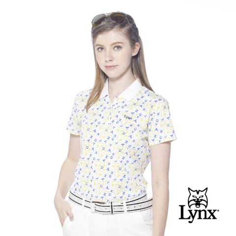 Lynx Golf 女款吸濕排汗機能網眼材質配色高爾夫圖樣Lynx繡花短袖POLO衫-白色