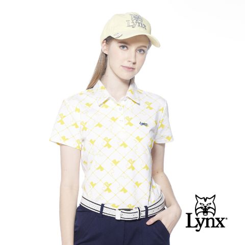 Lynx Golf 女款吸汗速乾機能菱格紋拼圖造型Lynx繡花短袖POLO衫-白色