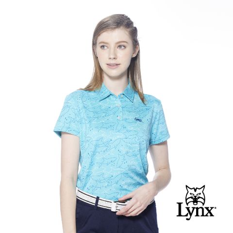 Lynx Golf 女款吸溼排汗機能滿版海洋鯊魚圖樣印花短袖POLO衫-藍綠色