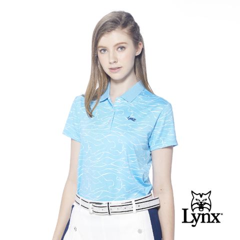 Lynx Golf 女款吸溼排汗機能羅紋領設計滿版水波圖樣印花短袖POLO衫-淺藍色