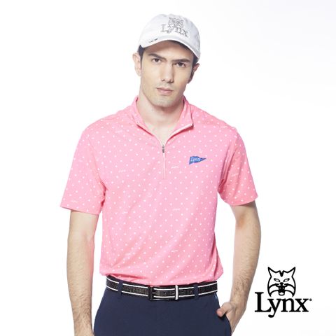 Lynx Golf 男款吸濕排汗機能滿版星星船錨印花Lynx旗幟繡花短袖立領POLO衫-螢光粉色