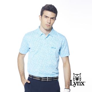 【Lynx Golf】男款吸濕排汗機能網眼材質高爾夫圖樣Lynx繡花胸袋款短袖POLO衫-水藍色