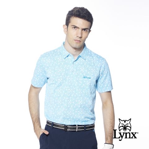 Lynx Golf 男款吸濕排汗機能網眼材質高爾夫圖樣Lynx繡花胸袋款短袖POLO衫-水藍色