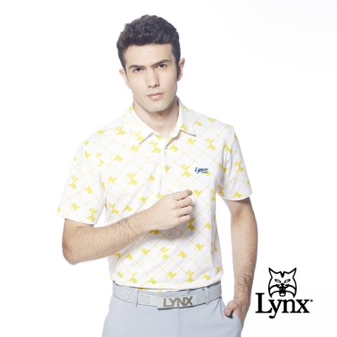 Lynx Golf 男款吸汗速乾機能菱格紋拼圖造型Lynx繡花短袖POLO衫-白色