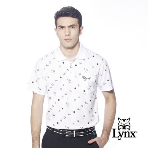 【Lynx Golf】男款吸汗速乾機能網眼材質羅紋領造型高爾夫圖樣印花胸袋款短袖POLO衫-白色