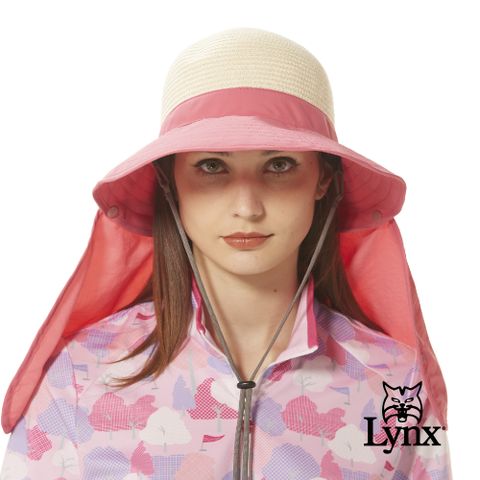 Lynx Golf 女款典雅大方紙絲材質防曬披巾設計蝴蝶結造型竹編外觀不可調大盤帽-桃粉色