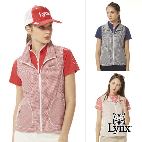 Lynx Golf 女款日本進口布料吸汗速乾功能百搭格紋配色造型拉鍊口袋無袖背心(三色)