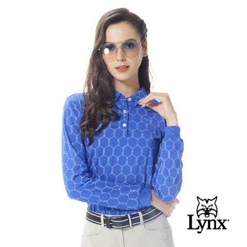 Lynx Golf 女款吸濕排汗滿版六角蜂巢圖樣領尖扣款式長袖POLO衫-藍色