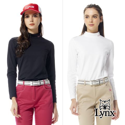 【Lynx Golf】女款合身版吸汗速乾刷毛內搭式領口兩袖Lynx繡花長袖高領上衣(二色)