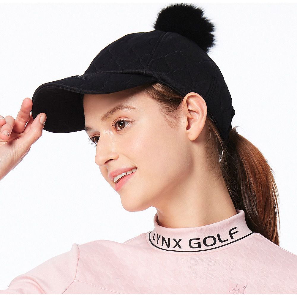 Lynx Golf 女款日本進口布料花紋造型遮陽時尚毛球帽馬球帽可調節式球帽-黑色