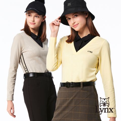 Lynx Golf 女款合身版壓光V領假兩件式設計脇邊羅紋織片造型長袖POLO衫/高爾夫球衫(二色)