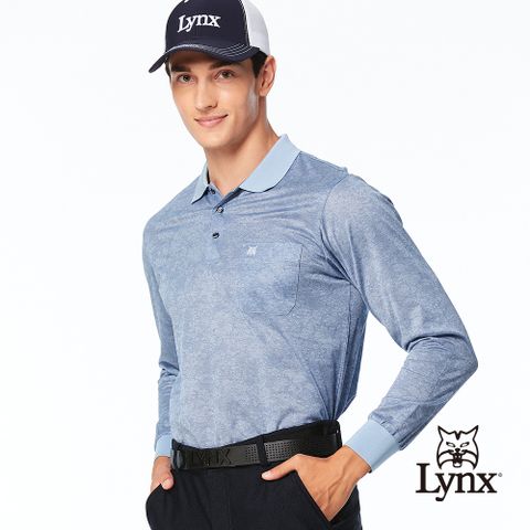 Lynx Golf 男款歐洲進口布料純棉絲光花卉圖樣造型胸袋款長袖POLO衫-藍色