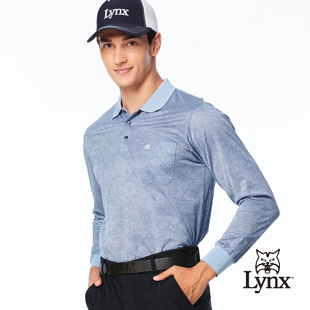 Lynx Golf 男款歐洲進口布料純棉絲光花卉圖樣造型胸袋款長袖POLO衫-藍色