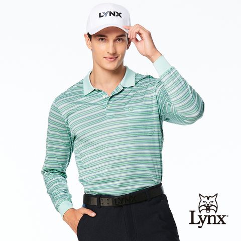 Lynx Golf 男款歐洲進口布料純棉絲光藍綠白條紋紋路胸袋款長袖POLO衫-綠色