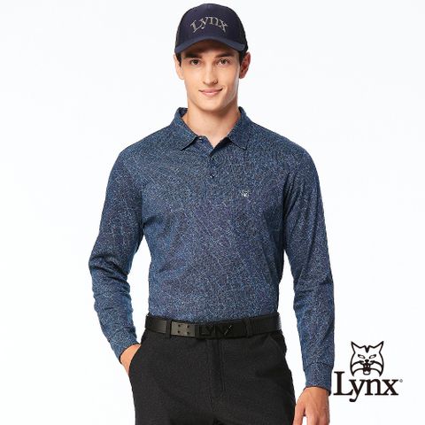 Lynx Golf 男款歐洲進口布料純棉絲光滿版幾何線條造型胸袋款長袖POLO衫-深藍色