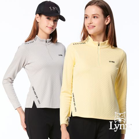 Lynx Golf 女款合身版吸溼排汗緹花造型布料剪接開杈設計長袖立領POLO衫/高爾夫球衫(二色)