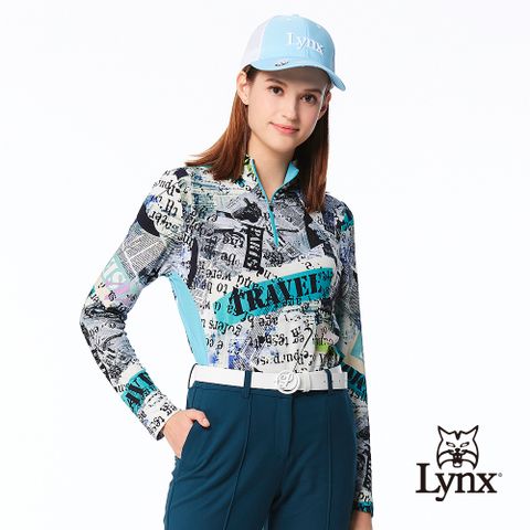 Lynx Golf 女款歐洲進口布料經典時尚印花造型配布設計長袖立領POLO衫-湖水藍色