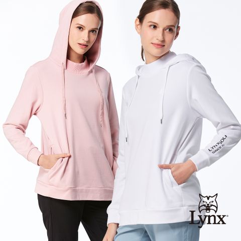 Lynx Golf 首爾高桿風格!女款法國毛巾布混紡口袋長版帽T長袖圓領POLO衫/高爾夫球衫-白色(二色)