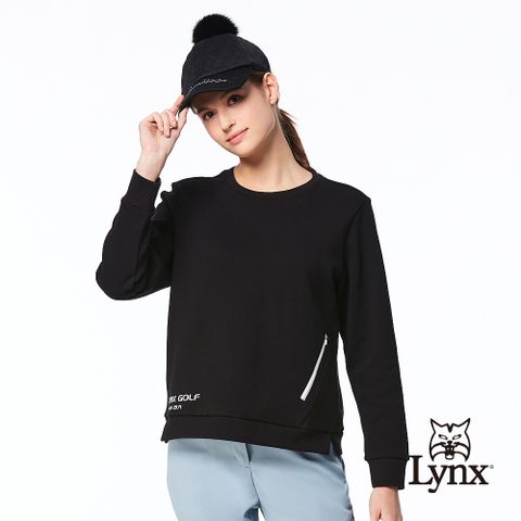 【Lynx Golf】首爾高桿風格!女款雙面組織布吸排口袋下擺開杈大學T長袖圓領POLO衫/高爾夫球衫-黑色