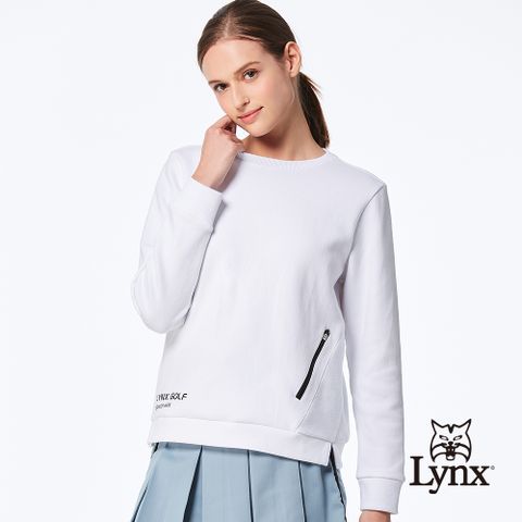 【Lynx Golf】首爾高桿風格!女款雙面組織布吸排口袋下擺開杈大學T長袖圓領POLO衫/高爾夫球衫-白色