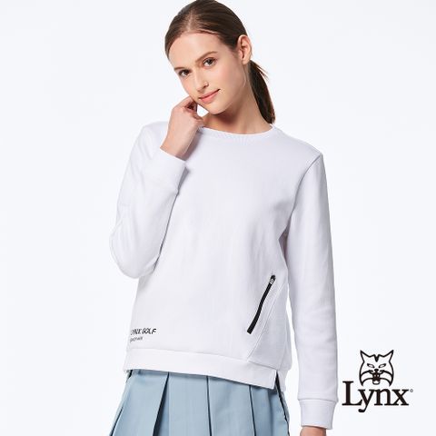 Lynx Golf 首爾高桿風格!女款雙面組織布吸排口袋下擺開杈大學T長袖圓領POLO衫/高爾夫球衫-白色