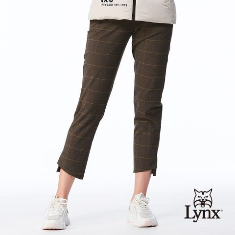 Lynx Golf 女款日本進口布料彈性舒適西褲造型開杈設計方格拉鍊口袋窄管八分褲-深卡其色