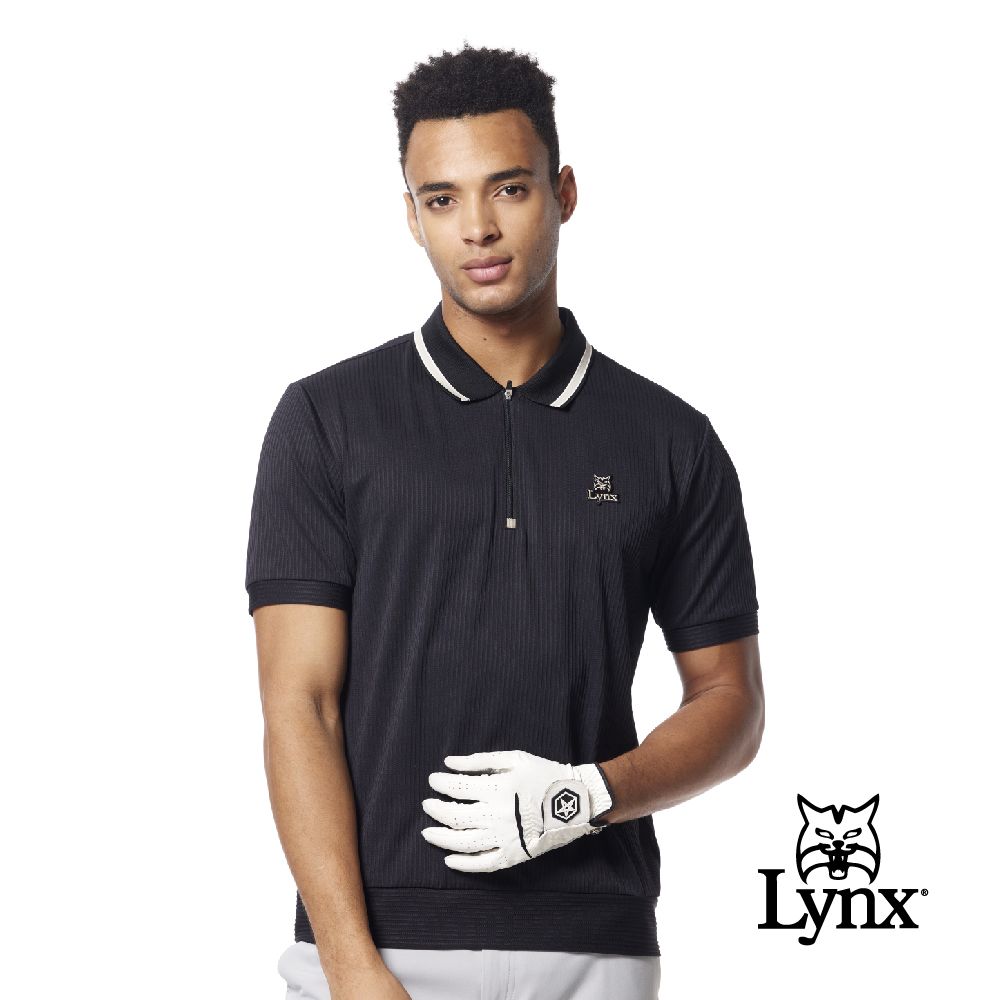 Lynx Golf 男款吸溼排汗雙面橫條組織布配色羅紋領下擺微縮口設計短袖立領POLO衫/高爾夫球衫(二色)