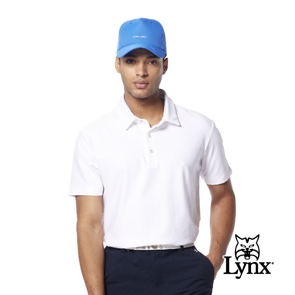 Lynx Golf 男款吸排機能雙面人字紋路造型領口Lynx貼膜袖口開杈短袖POLO衫/高爾夫球衫(二色)