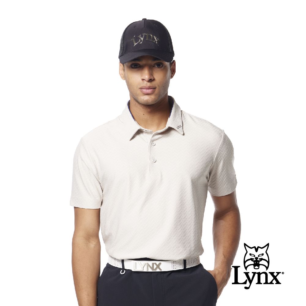 Lynx Golf 男款吸排機能雙面人字紋路造型領口Lynx貼膜袖口開杈短袖POLO衫/高爾夫球衫(二色)