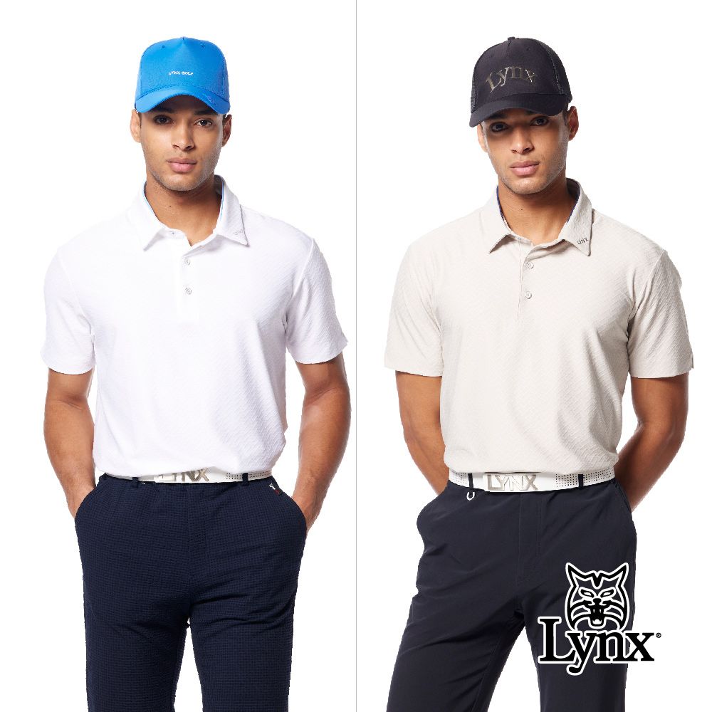 Lynx Golf 男款吸排機能雙面人字紋路造型領口Lynx貼膜袖口開杈短袖POLO衫/高爾夫球衫(二色)