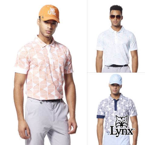 Lynx Golf 男款吸排抗UV涼感機能右袖Lynx字樣凸字繡花線條排列印花短袖POLO衫/高爾夫球衫(三色)