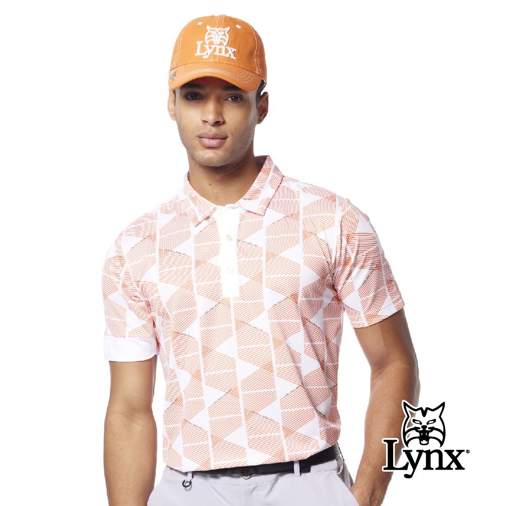 Lynx Golf 男款吸排抗UV涼感機能右袖Lynx字樣凸字繡花線條排列印花短袖POLO衫/高爾夫球衫(三色)