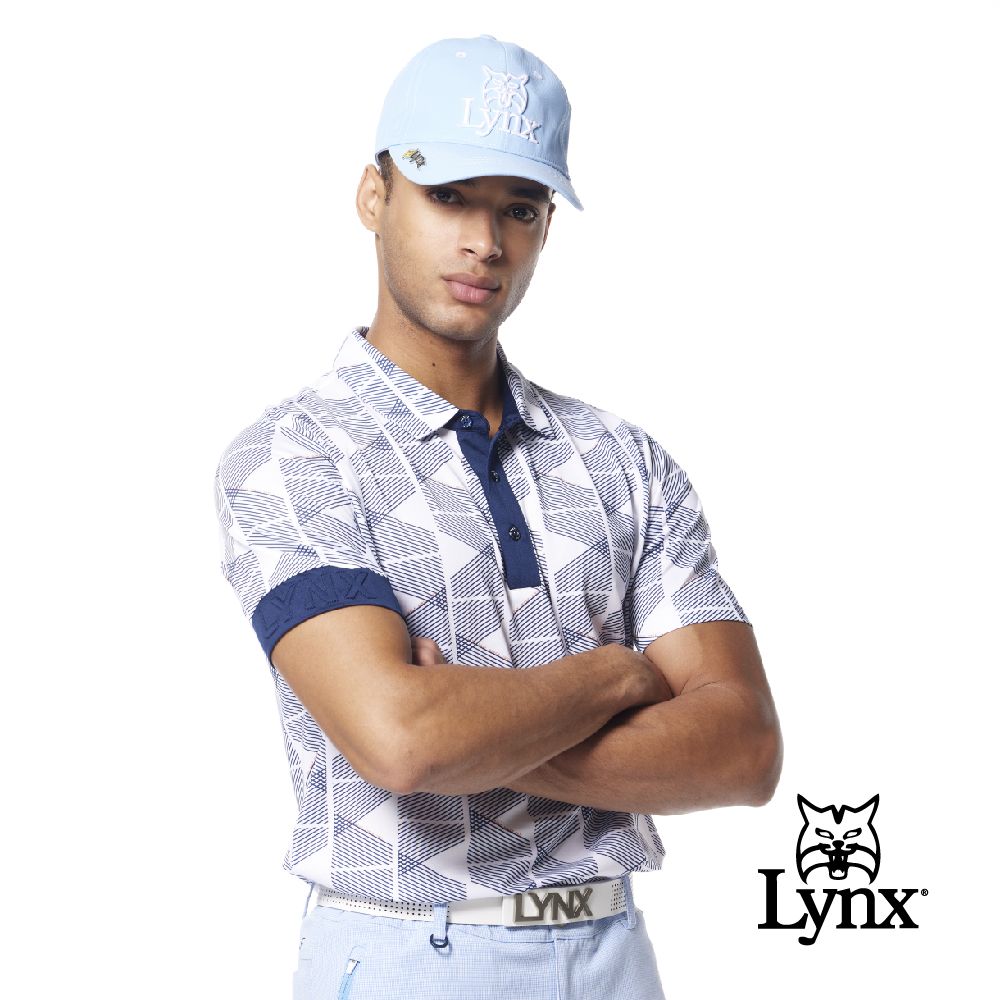 Lynx Golf 男款吸排抗UV涼感機能右袖Lynx字樣凸字繡花線條排列印花短袖POLO衫/高爾夫球衫(三色)