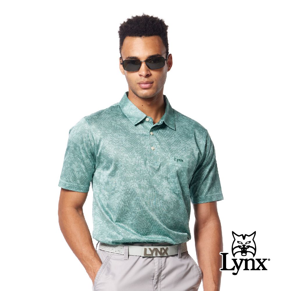 Lynx Golf 男款歐洲進口純棉絲光面料花草圖樣典雅胸袋款短袖POLO衫-綠色